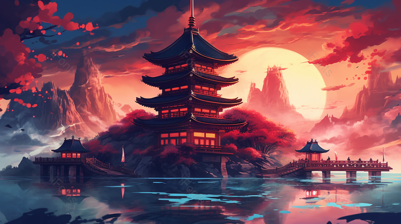 传统楼阁中国风建筑插画背景,插画/手绘图,插画/手绘图库,插画/手绘图下载,插画/手绘